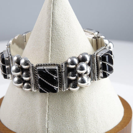 7" Vintage Chunky modernist Mexican Silver Onyx bracelet - Estate Fresh Austin