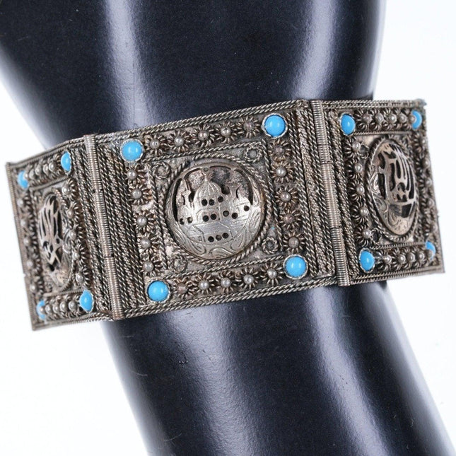 7" Vintage Turkish 900 silver filigree Bracelet with turquoise - Estate Fresh Austin
