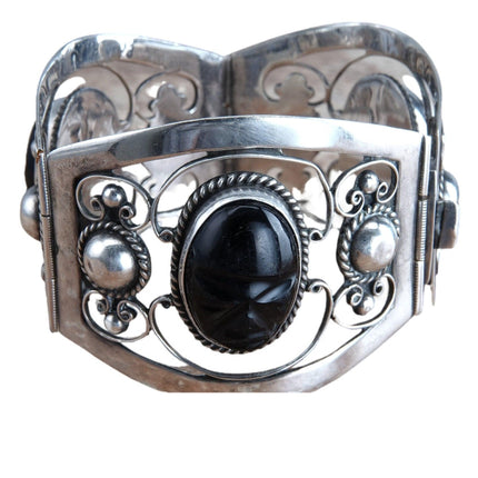 7.5" Vintage Mexican Sterling Silver Modernist onyx aztec faces bracelet - Estate Fresh Austin