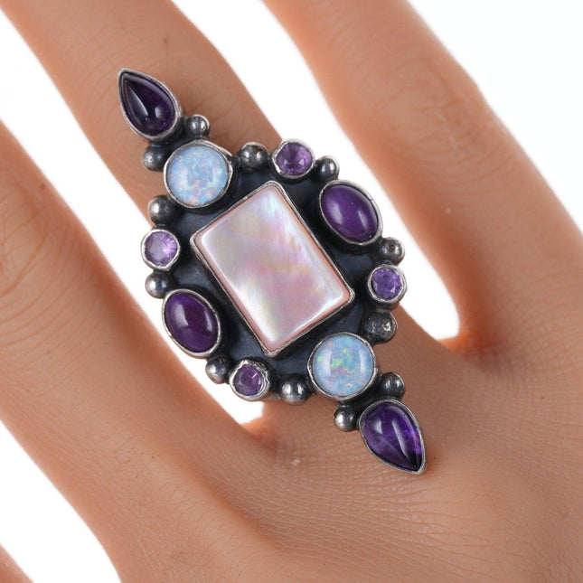 Adjustable Southwestern Sterling Amethyst, opal, and pink mother of pearl ring - Estate Fresh Austin
