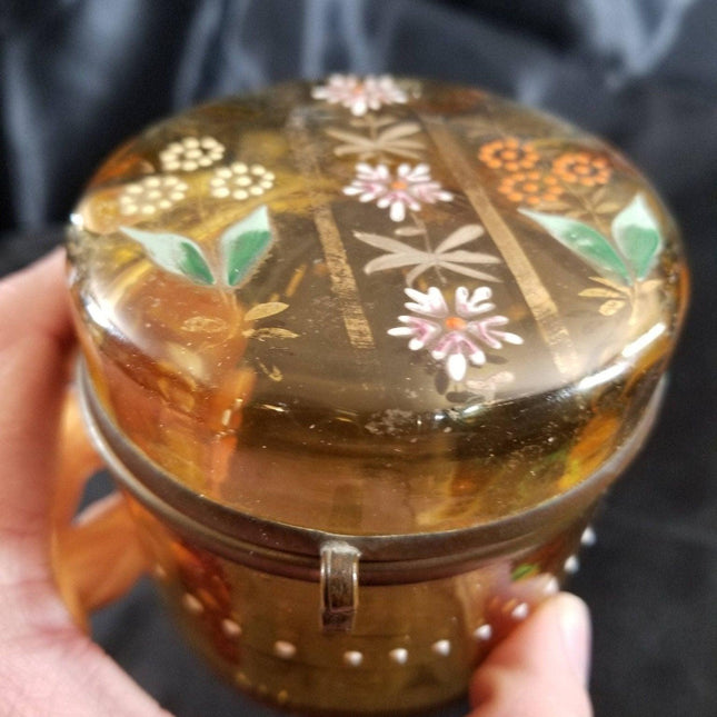 Amber enameled glass cylindrical Hinged Dresser Box c.1890 - Estate Fresh Austin