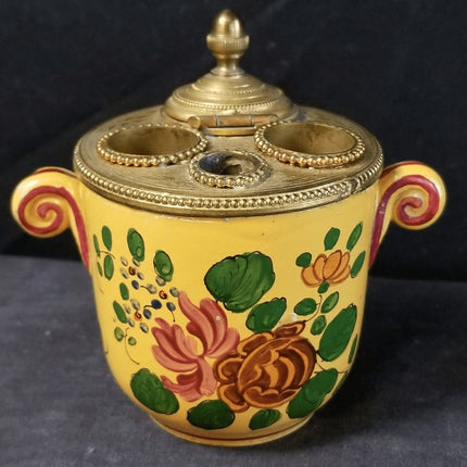 Antique Bronze Mounted French Faience Inkwell Hand Painted Flowers 19th Century - Estate Fresh Austin