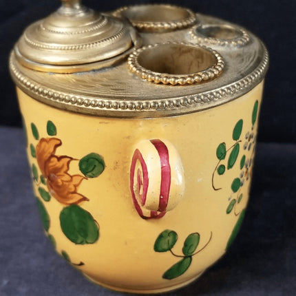 Antique Bronze Mounted French Faience Inkwell Hand Painted Flowers 19th Century - Estate Fresh Austin