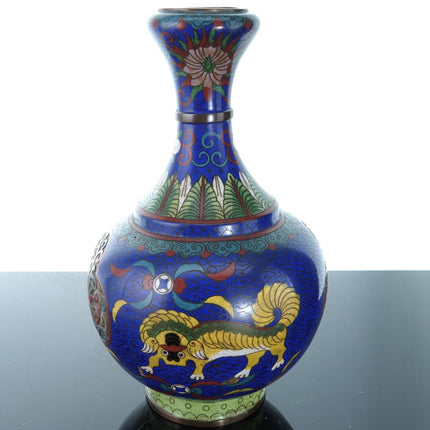 Antique Chinese Cloisonne Bottle Form Vase with Foo lions - Estate Fresh Austin