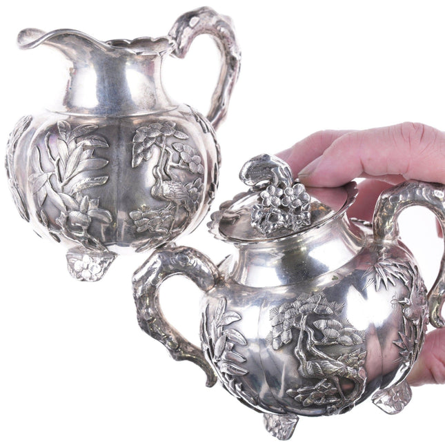 Antique Chinese Export silver creamer and sugar with Chrysanthemums and Cranes - Estate Fresh Austin