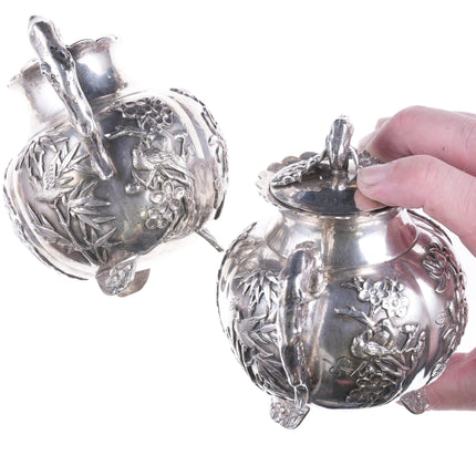 Antique Chinese Export silver creamer and sugar with Chrysanthemums and Cranes - Estate Fresh Austin