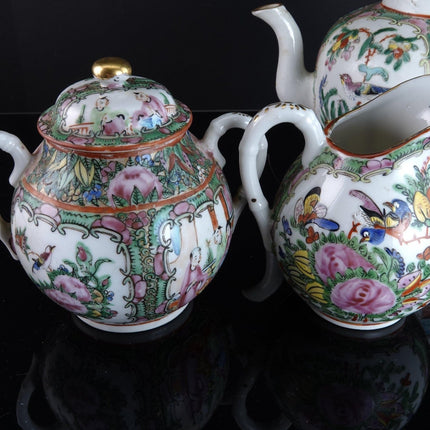 Antique Chinese Famille Rose Medallion Teapot Creamer and Sugar - Estate Fresh Austin