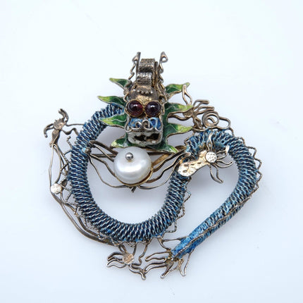 Antique Chinese Filigree Silver Enamel Dragon Pendant Brooch with /Pearl heart a - Estate Fresh Austin