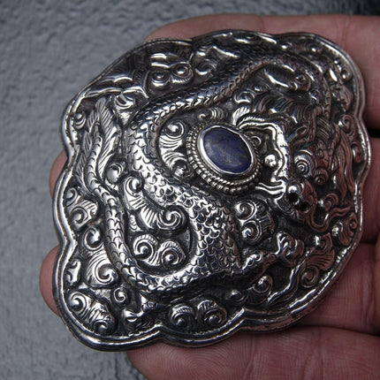 Antique Chinese Qing Dynasty Silver Dragon Belt Buckle later converted to Brooch - Estate Fresh Austin