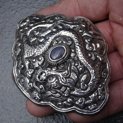 Antique Chinese Qing Dynasty Silver Dragon Belt Buckle later converted to Brooch - Estate Fresh Austin