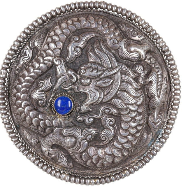 Antique Chinese Repousse Silver/Lapis Dragon Belt buckle - Estate Fresh Austin