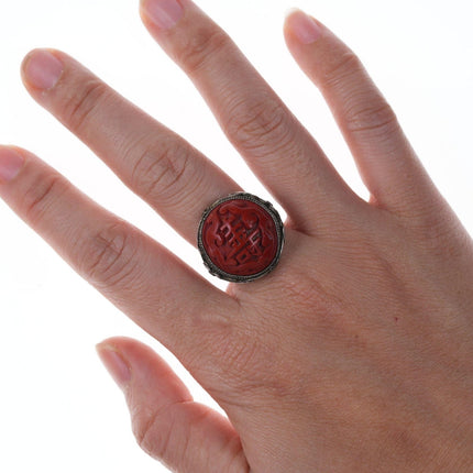 Antique Chinese silver Cinnabar ring - Estate Fresh Austin