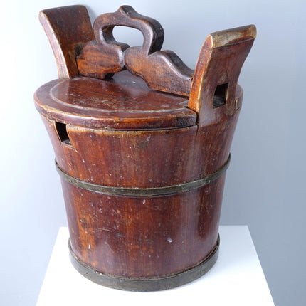 Antique Chinese Wooden Water Bucket with Puzzle Lid - Estate Fresh Austin