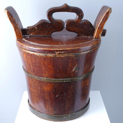 Antique Chinese Wooden Water Bucket with Puzzle Lid - Estate Fresh Austin