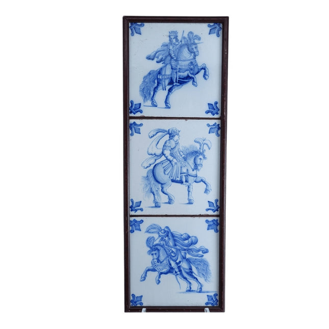 Antique French Faience/Delft Blue Hand Painted Horseman Tiles in Frame - Estate Fresh Austin