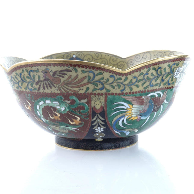 Antique Inaba Signed Japanese Cloisonne bowl with dragons and Roosters - Estate Fresh Austin