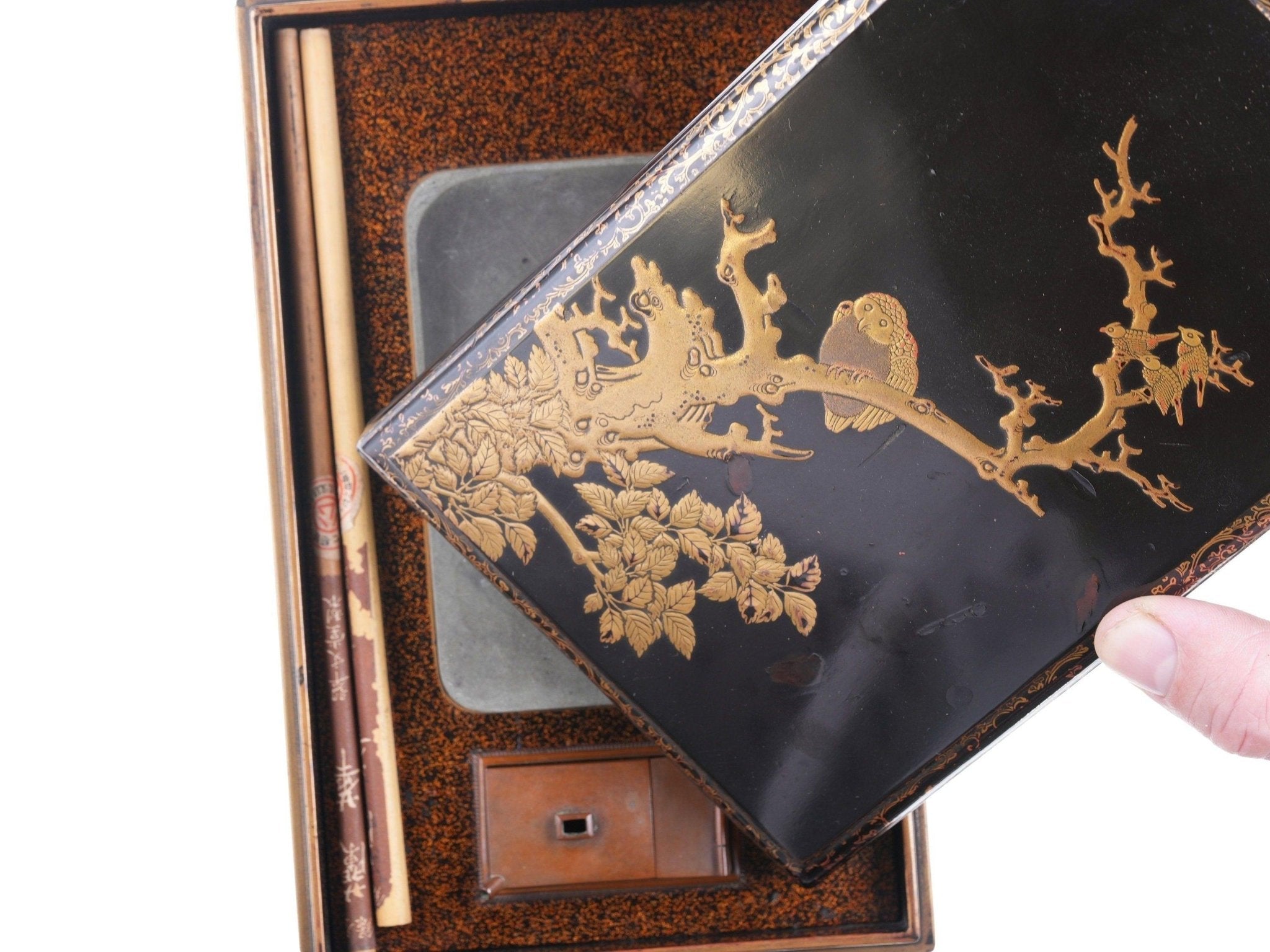 Antique Japanese Black-Lacquer Suzuribako (Writing Box) and Cover 