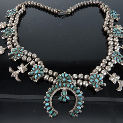 Antique Zuni Petit Point Sterling and Turquoise squash blossom necklace - Estate Fresh Austin