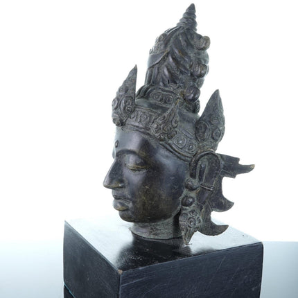 Archaistic Bronze Buddha Head Likely Tibetan with Skull on hat - Estate Fresh Austin