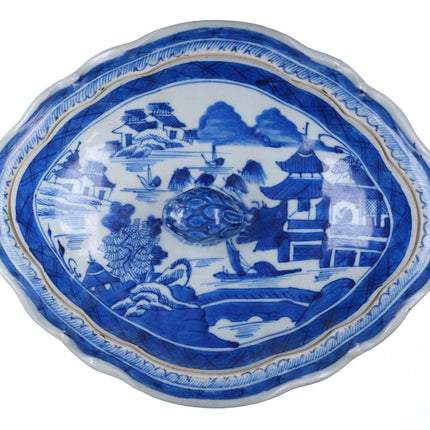 c1850 Chinese Canton Blue and White Covered Vegetable Dish with Lid - Estate Fresh Austin