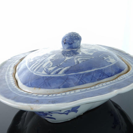 c1860 Chinese Canton Blue and White Covered Vegetable Dish with Lid - Estate Fresh Austin