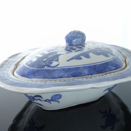 c1860 Chinese Canton Blue and White Covered Vegetable Dish with Lid - Estate Fresh Austin