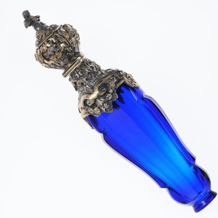 c1860 French Cobalt blue cut glass perfume with ornate silver mounting - Estate Fresh Austin