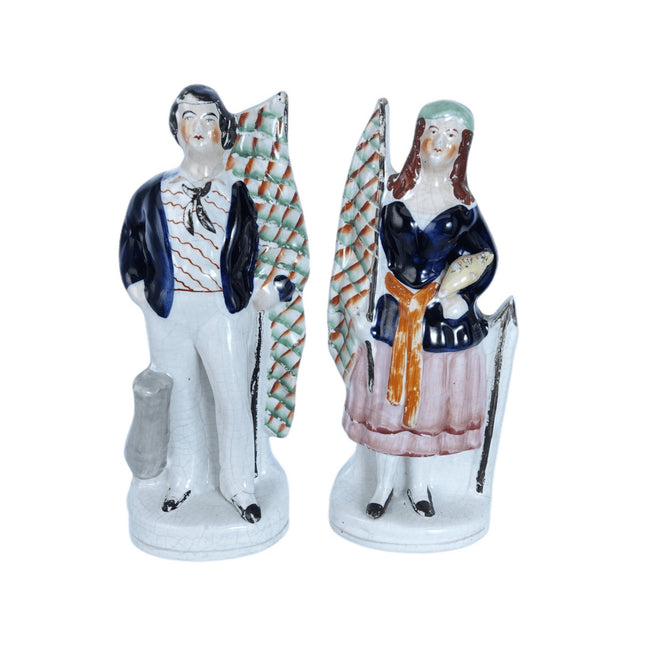 c1860 Staffordshire Figures Man and Woman Holding Flags Pair - Estate Fresh Austin