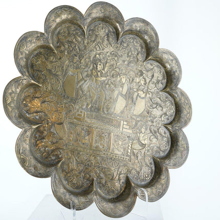 c1870 16" Antique Hand Engraved Brass Hindu Tray - Estate Fresh Austin