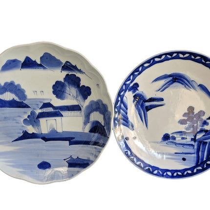 c1880 2 Japanese Blue/white Porcelain Chargers Hand Painted 10.75" & 11.25" - Estate Fresh Austin