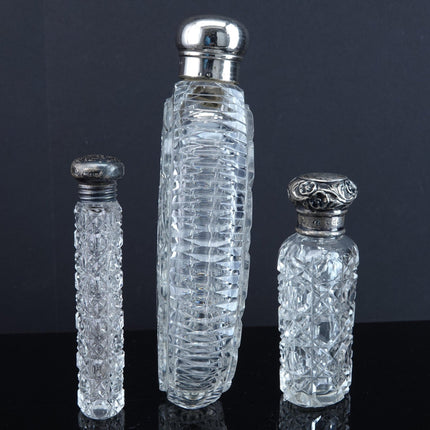 c1880 3 Cut Glass Perfume Bottles 2 with Sterling lids, one large flask - Estate Fresh Austin