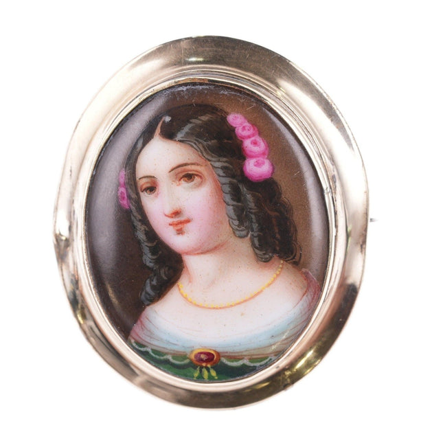 c1880 Antique Miniature Hand Painted porcelain plaque brooch - Estate Fresh Austin