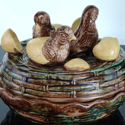 c1880 English Majolica Covered Birds on Nest Game Dish - Estate Fresh Austin