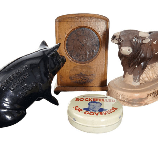 c1880 Mauchline Ware Bank Collection American Mission to lepers Texas Steer, Roc - Estate Fresh Austin