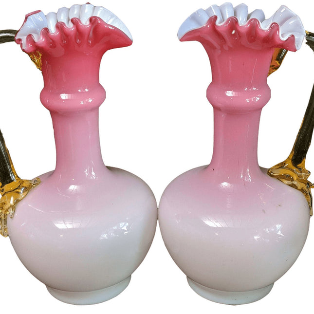 c1890 Antique Bohemian Art Glass Pink glossy Peachblow Style Ewers - Estate Fresh Austin