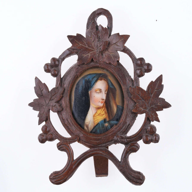 C1890 Antique Porcelain Plaque Madonna in carved wood frame - Estate Fresh Austin