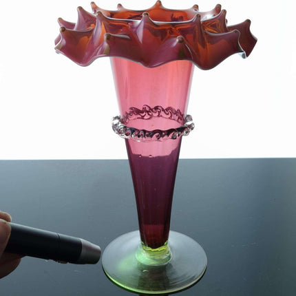 c1890 Rubina Verde Vaseline/Cranberry Opalescent vase - Estate Fresh Austin
