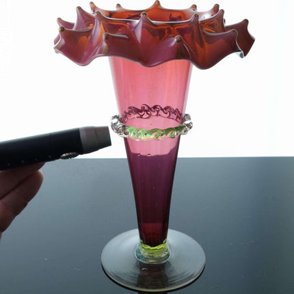 c1890 Rubina Verde Vaseline/Cranberry Opalescent vase - Estate Fresh Austin