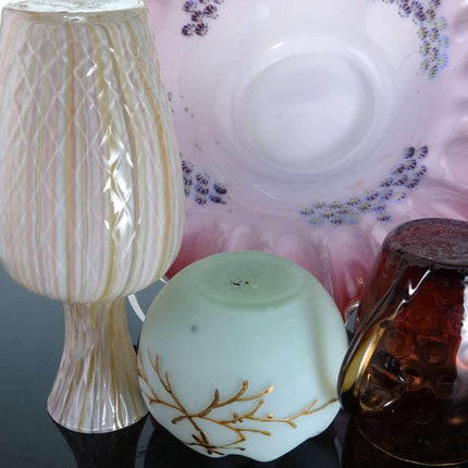 c1890 Victorian Art Glass Collection, Rainbow blown mold vase, Brides bowl, Uran - Estate Fresh Austin
