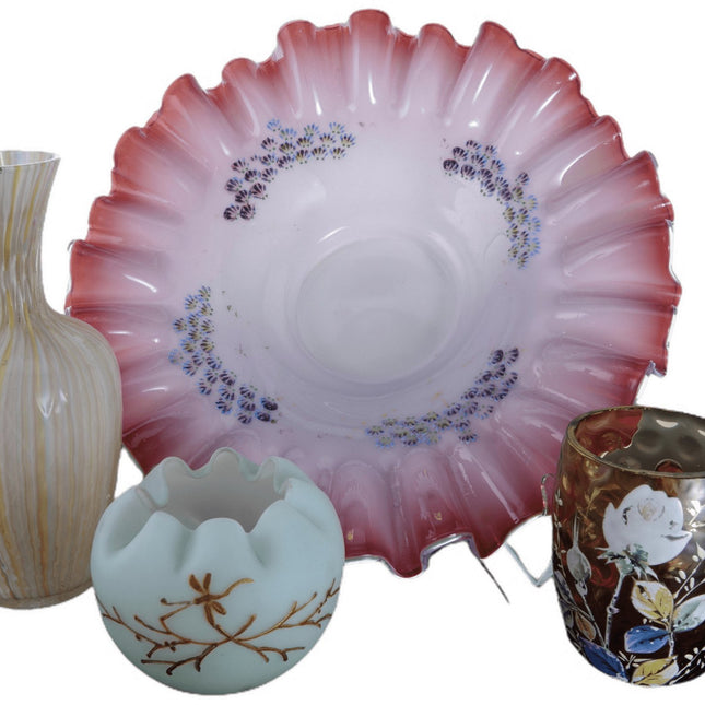 c1890 Victorian Art Glass Collection, Rainbow blown mold vase, Brides bowl, Uran - Estate Fresh Austin