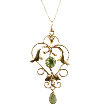 c1900 9ct Gold Edwardian Natural Pearl/Peridot Lavaliere Pendant on 14K gold nec - Estate Fresh Austin