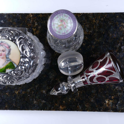 c1900 Art Nouveau Sterling and Crystal perfume bottles Enamel/Cranberry silver o - Estate Fresh Austin