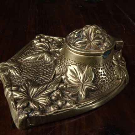 c1900 Brass Art nouveau Inkwell with Embossed Grapes Glass Insert - Estate Fresh Austin