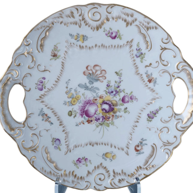 c1900 Dresden Flowers Cake Plate with handles - Estate Fresh Austin