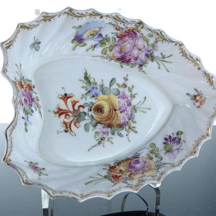c1900 Dresden Flowers Hand Painted Bread Basket and Heart shaped bowl - Estate Fresh Austin