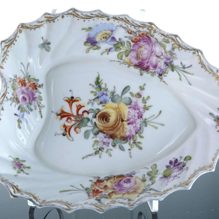 c1900 Dresden Flowers Hand Painted Bread Basket and Heart shaped bowl - Estate Fresh Austin