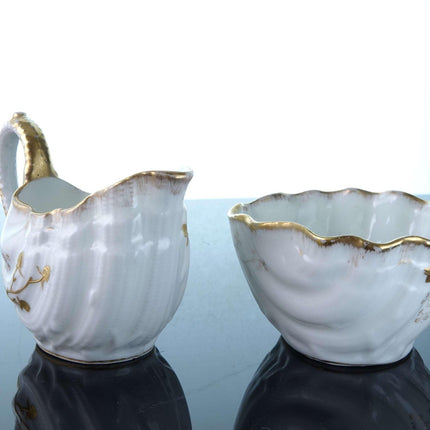 c1900 Elite Limoges Raised Gold Shell Form Creamer and Sugar - Estate Fresh Austin