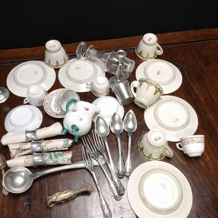c1900 French Childrens Tableware Items Cups/Saucers, Cutlery, Candlesticks, Deca - Estate Fresh Austin