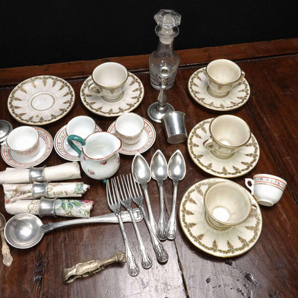 c1900 French Childrens Tableware Items Cups/Saucers, Cutlery, Candlesticks, Deca - Estate Fresh Austin