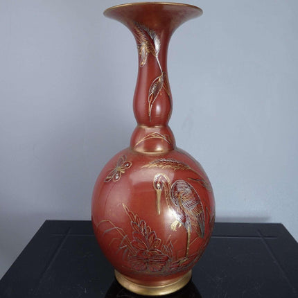 c1900 Harrach Gold/Platinum Enamel 12.25" vase with Storks/Butterflies - Estate Fresh Austin